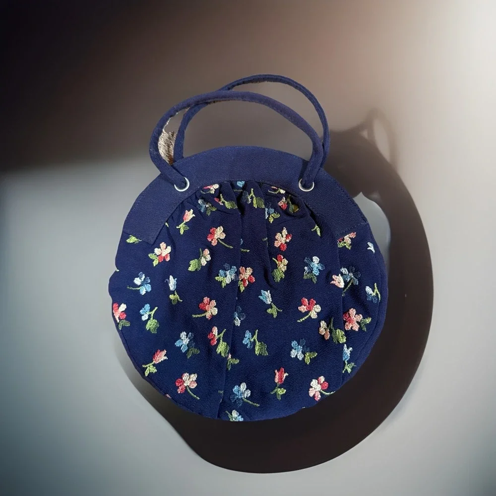 Small Blue Floral Embroidered Round Vintage Purse Clutch W/ Marble Charm Zipper